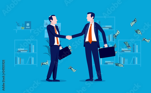 Profitable deal - Two businessmen shaking hand in office after a good deal for both parts. Suitcases full of money, and workplace background in blue colours. Vector illustration.