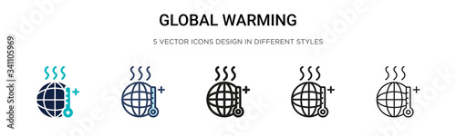 Global warming icon in filled, thin line, outline and stroke style. Vector illustration of two colored and black global warming vector icons designs can be used for mobile, ui,