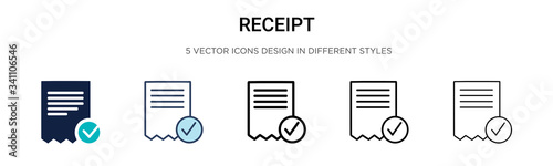 Receipt icon in filled, thin line, outline and stroke style. Vector illustration of two colored and black receipt vector icons designs can be used for mobile, ui,