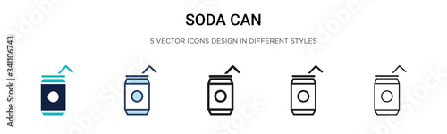 Soda can icon in filled, thin line, outline and stroke style. Vector illustration of two colored and black soda can vector icons designs can be used for mobile, ui,