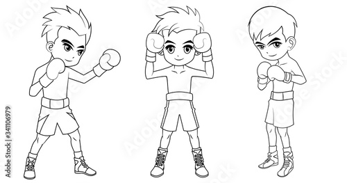 Collection of cartoon boxing boy used for coloring book 