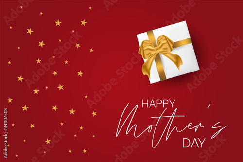 Happy Mother's Day celebration banner or poster. White presents with golden bow on red background with lettering. Vector illustration.