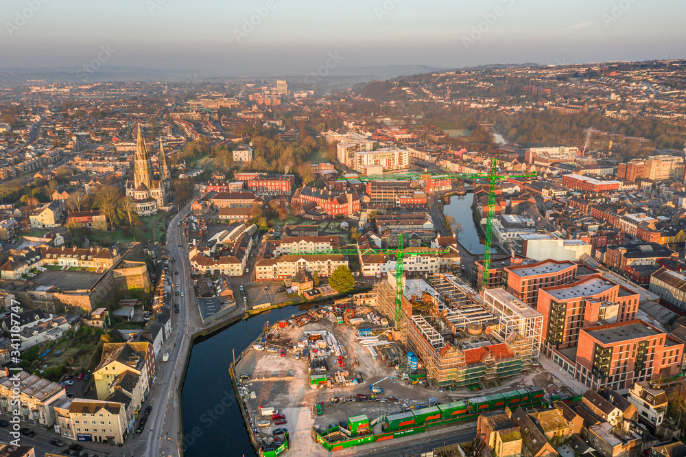 Amazing aerial view drone Cork City center Ireland Irish landmark downtown building st fin barre’s cathedral