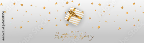 Happy Mother's Day banner or website long header. White gift box with golden bow. Realistic vector illustration.