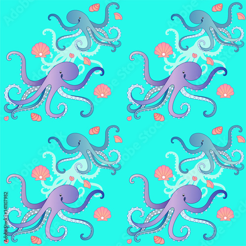 Octopuses and shells - marine seamless vector pattern. Seamless pattern with octopuses  shells and scallops with pearls on a sea wave background - summer design for textile or paper.