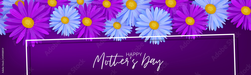 Mother's Day banner or website header. Blue and purple flowers. Celebration holiday concept. Realistic vector illustration. Mother's Day banner or website header. Blue and purple flowers. Celebration holiday concept. Realistic vector illustration.