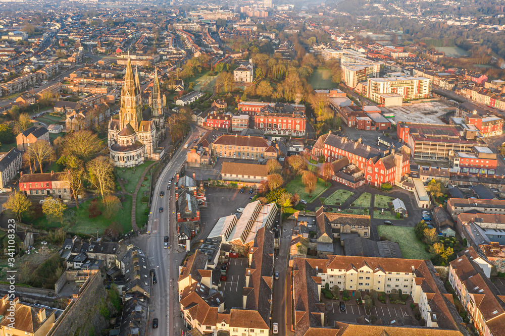 Fototapeta premium Amazing aerial view drone Cork City center Ireland Irish landmark downtown building st fin barre’s cathedral