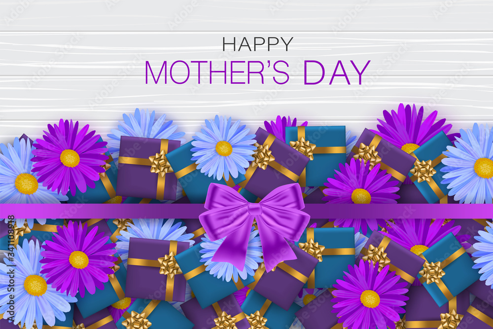 Mother's Day banner or poster. Blue and purple gift boxes and flowers on wooden board planks. Mom holiday design concept with lettering. Realistic vector illustration.