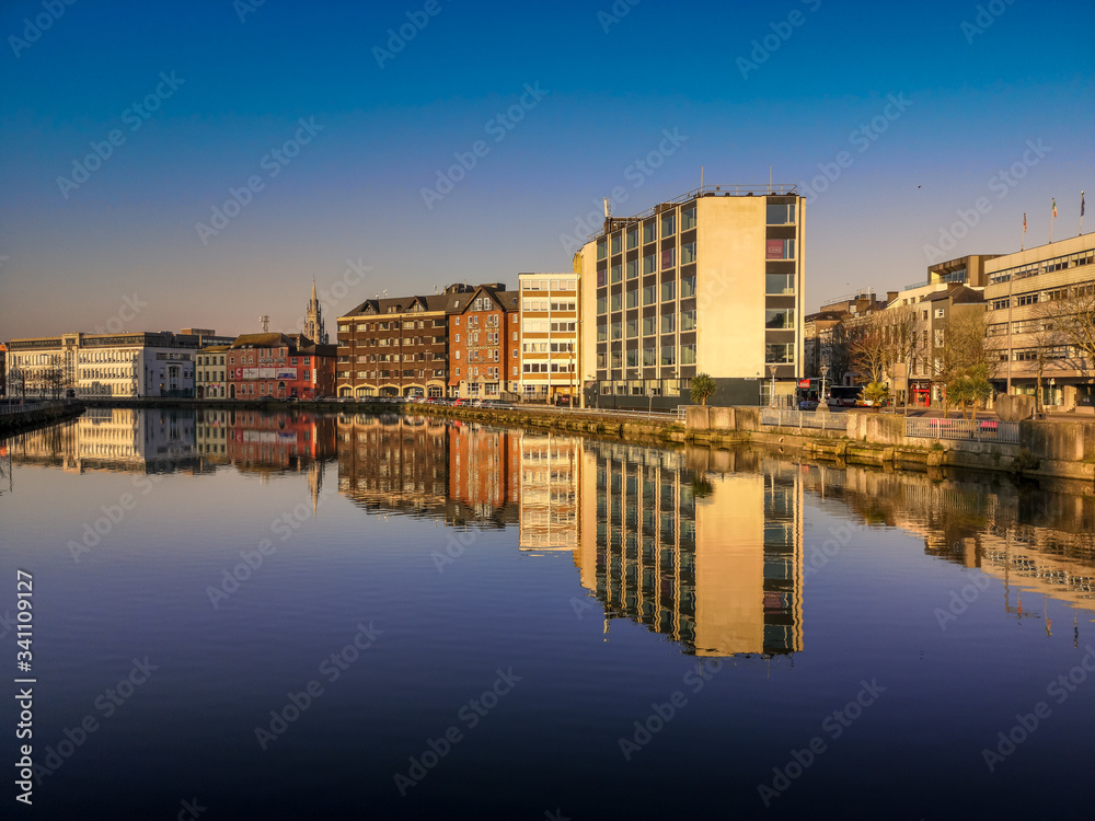 Amazing view morning sunrise color Irish landmark Cork City center Ireland beautiful lake reflection 