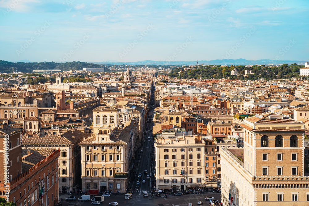 Rome rooftop panoramic view of ancient buildings architecture, Italy.