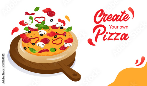 Tasty Cheese Pizza With Ingredients On Wooden Food Stand. Website Landing Page. Possibility Of Making Pizza With Own Ingredients And Online Pizza Ordering. Web Page Cartoon Flat Vector Illustration
