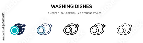 Washing dishes icon in filled, thin line, outline and stroke style. Vector illustration of two colored and black washing dishes vector icons designs can be used for mobile, ui,
