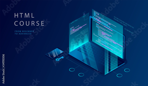 Isometric 3D Concept Of HTML Course. Website Landing Page. Process Of Education Of Programming, Coding, Website development on Html 5, Php, Js, Ajax, Css 3, Jquery, Xml. Web Page Vector Illustration