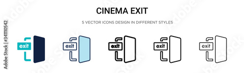 Cinema exit icon in filled, thin line, outline and stroke style. Vector illustration of two colored and black cinema exit vector icons designs can be used for mobile, ui,