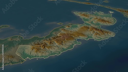 East New Britain, province with its capital, zoomed and extruded on the relief map of Papua in the conformal Stereographic projection. Animation 3D photo