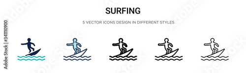 Surfing icon in filled, thin line, outline and stroke style. Vector illustration of two colored and black surfing vector icons designs can be used for mobile, ui,
