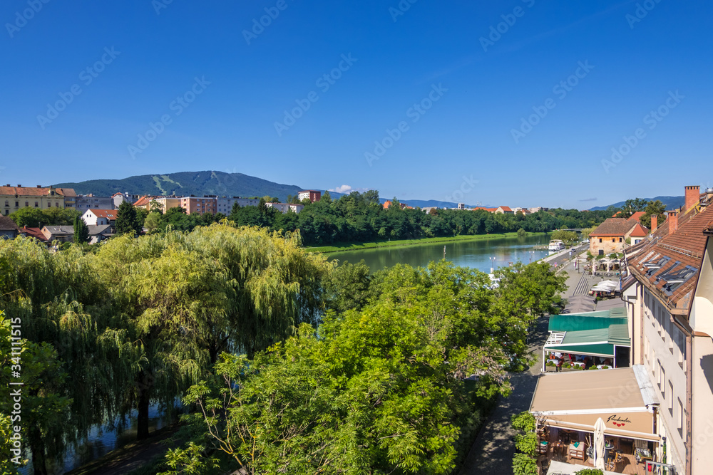 Maribor cityscape and Drava river in Slovenia.