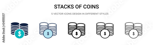 Stacks of coins icon in filled, thin line, outline and stroke style. Vector illustration of two colored and black stacks of coins vector icons designs can be used for mobile, ui,