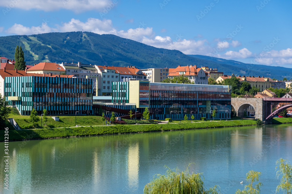 Maribor cityscape and Drava river in Slovenia.