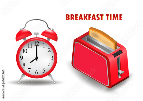 Vector illustration of a realistic alarm clock and toaster icon.