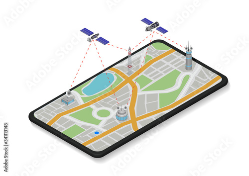 Vector isometric illustrations of communication satellite working