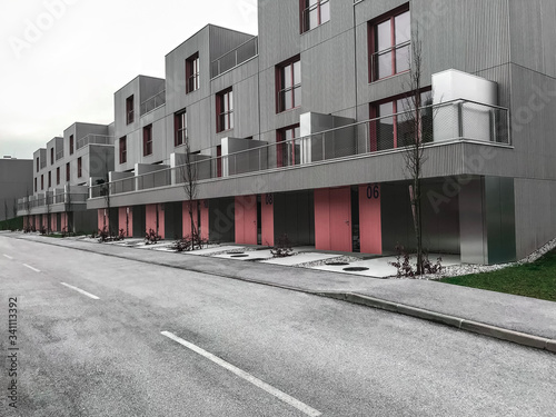 Empty streets. Modern stylish houses in a European city, suburban residential complex, town house