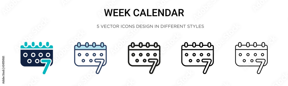 Week calendar icon in filled, thin line, outline and stroke style. Vector illustration of two colored and black week calendar vector icons designs can be used for mobile, ui, - obrazy, fototapety, plakaty 