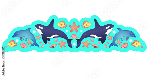 Symmetrical marine vector illustration divider with killer whales, dolphins, fish and shells in cartoon style. Divider border for websites or print on the underwater world and its inhabitants.