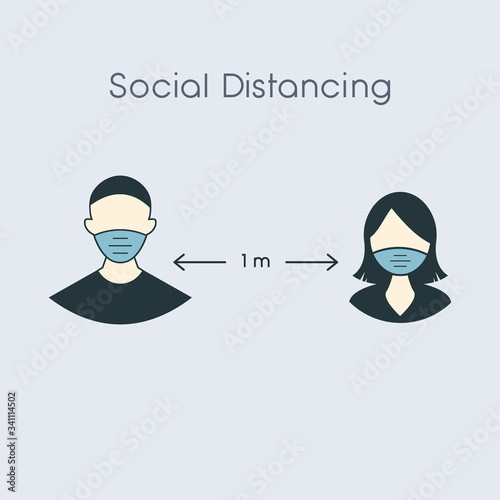 social distance icon, measure protection from spread virus, people isolation from coronavirus, thin outline web symbol on white background. man and woman in medical mask