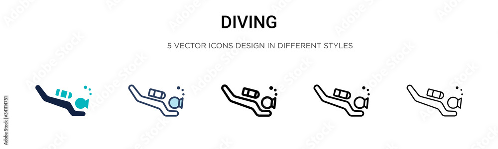 Diving icon in filled, thin line, outline and stroke style. Vector illustration of two colored and black diving vector icons designs can be used for mobile, ui, - obrazy, fototapety, plakaty 