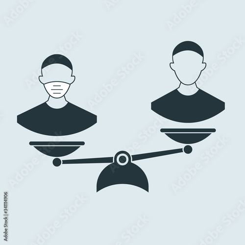 a man with a medical mask and a man without a mask on the scales. self-preservation concept. vector symbol