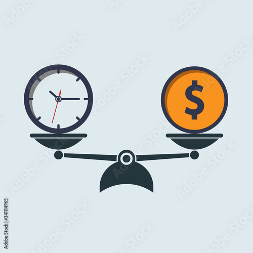 money dollar coin and time on scales. time money. vector symbol in flat simple style
