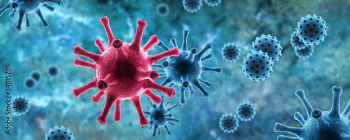 SARS-CoV-2 corona virus in cell on blue background, 3d illustration. COVID-19 coronavirus concept. photo