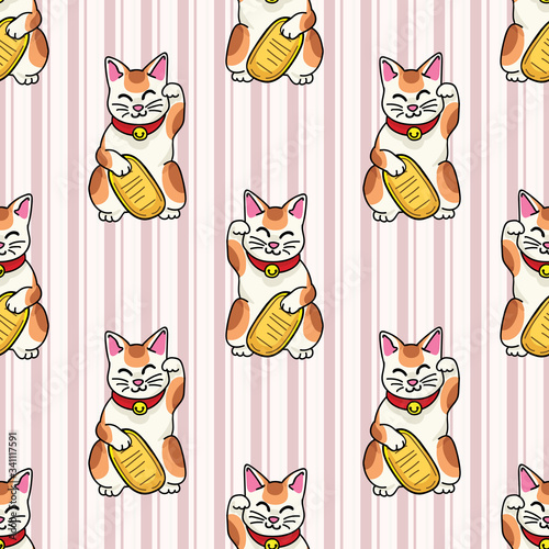 Kawaii golden lucky cat with coin of prosperity seamless vector pattern. Hand drawn Asian traditional maneki neko for Asian all over print. Oriental money charm on stripe background. 