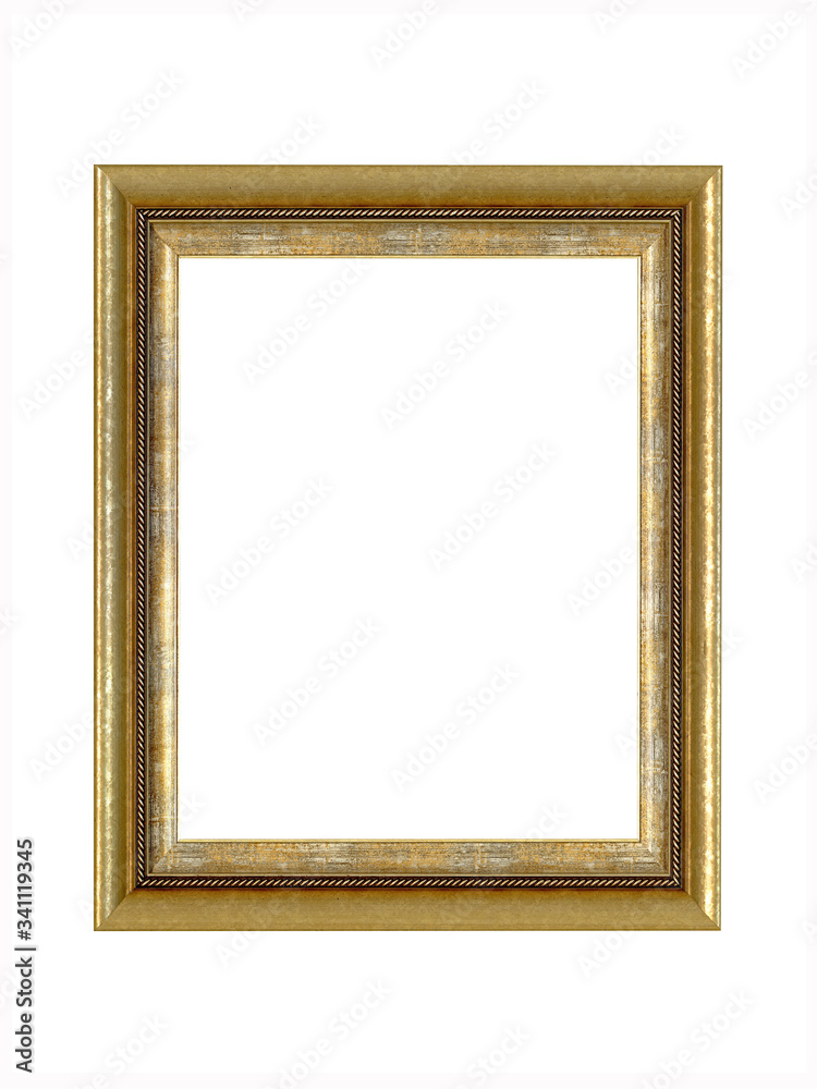 Wooden frame for paintings with gold patina. Isolated on white Wooden frame for paintings with gold patina. Isolated on white