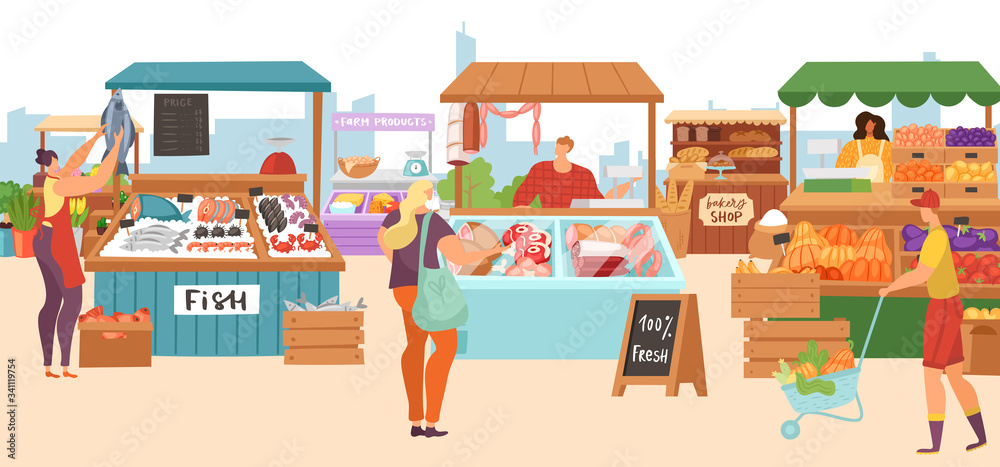 Food market sale stalls, local farmer butcher, fish kiosk shop, bakery and vegetables fruits stands flat vector illustrations. Local market stall selling farm meat, organic food.