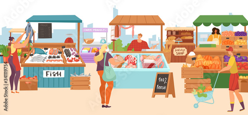 Food market sale stalls, local farmer butcher, fish kiosk shop, bakery and vegetables fruits stands flat vector illustrations. Local market stall selling farm meat, organic food. © partyvector