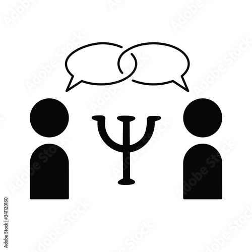icon on the topic "psychological consultation". two people are talking on psychotherapy . psychology sign (latin letter psi) black vector graphics