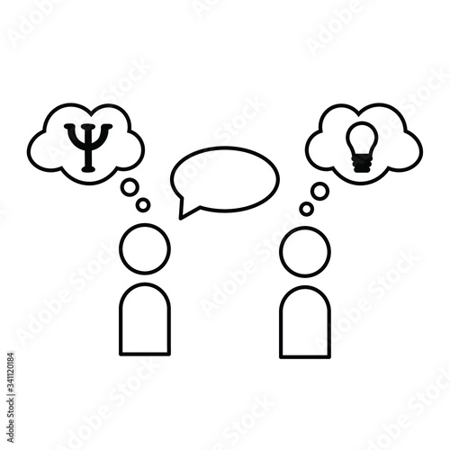 icon on the topic "psychological consultation and help", the psychologist gives advice and an idea to the client on psychotherapy. latin letter "psi". black vector graphics