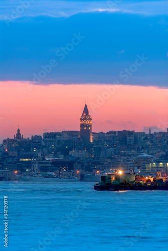 Beyoglu, Istanbul, Turkey, 09 June 2006: Galata Tower, King of Byzantine Anastasius, 528, Sunset.
