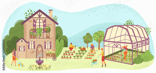 Garden care people gardening near country house, caring for plants in plant-house and vegetables gardeners flat vector illustration. People care, planting, and watering, organic food from home garden.