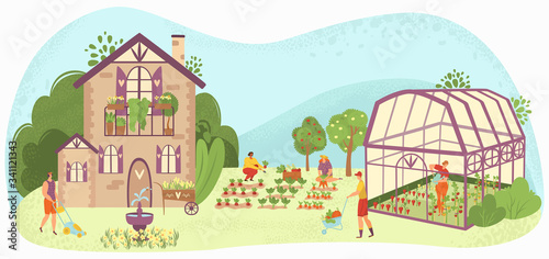Garden care people gardening near country house, caring for plants in plant-house and vegetables gardeners flat vector illustration. People care, planting, and watering, organic food from home garden.
