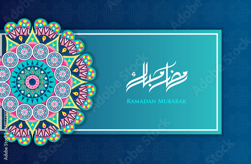 Ramadan Kareem arabic calligraphy with colorful mandala geometric and kufi calligraphy