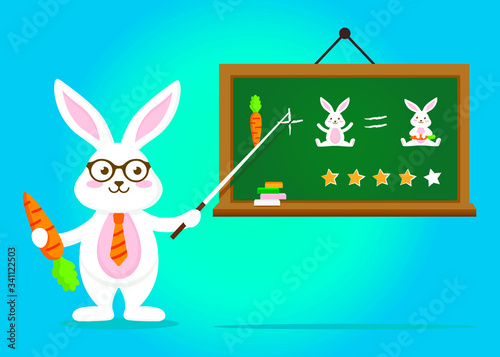 Cute rabbit in glasses and tie explains the exercise for students on the blackboard.