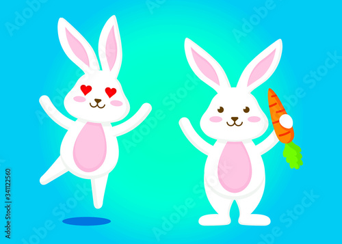One rabbit with hearts in place of the eyes jumps to meet another rabbit who is standing with a carrot in his hand