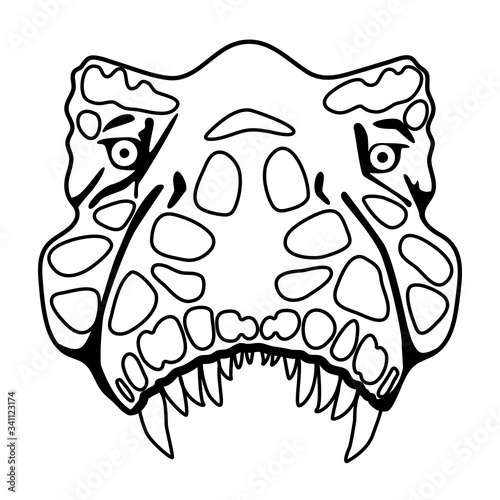 Tyrannosaur head on white isolated backdrop. T-rex dino for gift card, social network logo, bath tile, color book, kids notebook. Phone case or cloth print art. Cartoon style stock vector illustration