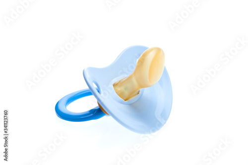 Fotótapéta a blue pacifier made of soft silicone  isolated on white background side view, nobody