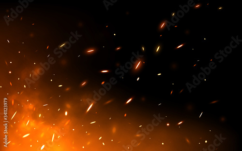 Fire sparks on dark backdrop. Glowing particles flying up. Realistic fire and flame. Yellow and red light effect. Burning orange elements. Vector illustration