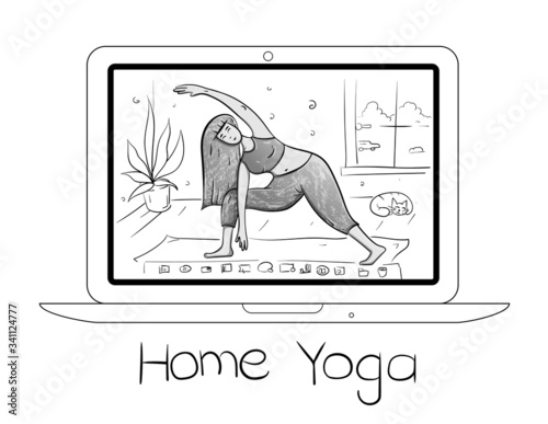Quarantine, stay at home hobbies concept line art - woman stretch at their home, online on a laptop, room or apartment, practicing yoga, enjoying meditation, relaxing on mat with cat