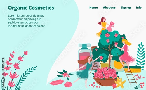 Natural plants for organic cosmetics and parfumes for girls, beauty industry webpage flat cartoon vector illustration.Bio cosmetics and natural plants extracts perfumers web landing page.